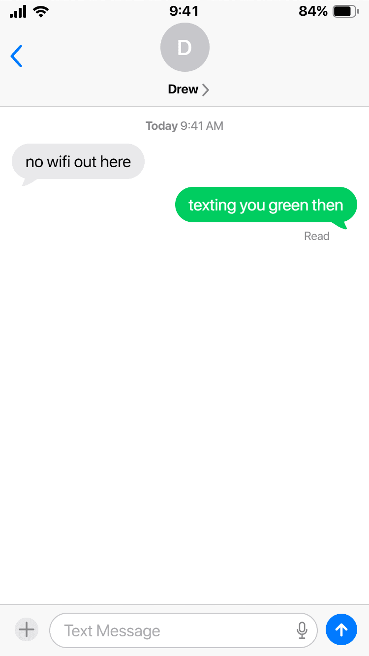 A green SMS thread