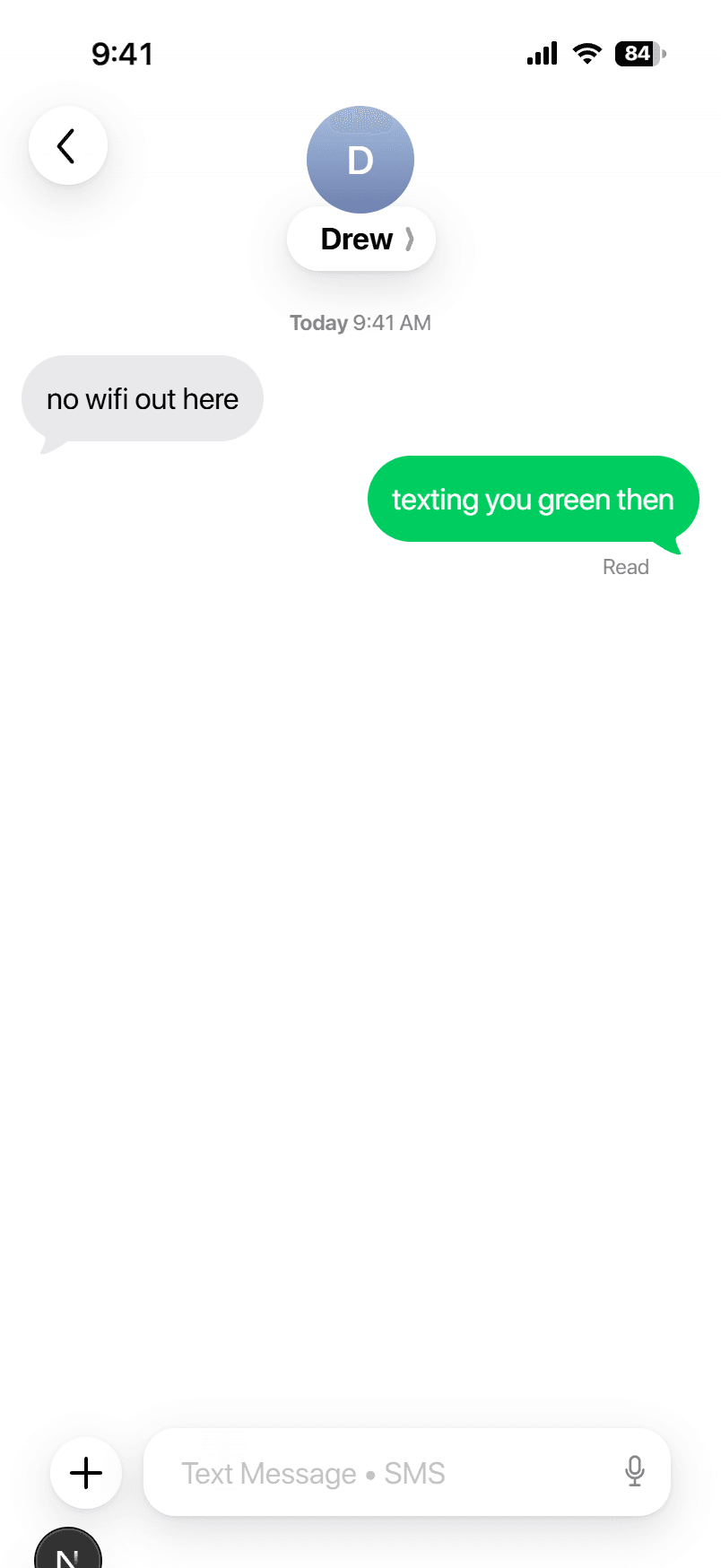 A green SMS thread
